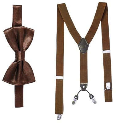Massi Morino Hosenträger mit Fliege Braun Set für Herren und Damen I Y-Form Träger elastisch mit extra starken Clips - 3,5cm breit - längenverstellbar I Vorgebundener Schlips für Anzug