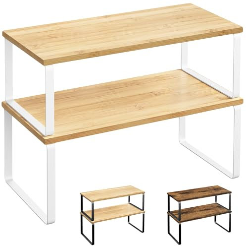 JUPPLIES - Pack 2 Organizador Cocina Estante para Especias - Organizador Armario Cocina Multiusos - Estanteria Cocina de Almacenamiento Apilable con Diseño de Bambu y Metal (Blanco + Madera Natural)