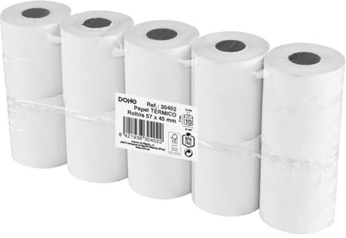 Dohe - Rouleaux Papier Thermique 57x45 mm (10 u.) - Mandrin ⌀12 mm, Longueur 14,5 m, Tickets pour Terminaux de Paiement, Caisses Enregistreuses, Imprimantes POS et EPOS, Épaisseur 60 g/m², Sans BPA