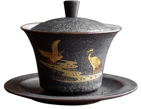 XYUERU Retro Ceramic Lid Bowl Cranes Gaiwan Teacup Chinese Kung Fu Tea Set Anti-hot Coarse Pottery Bowls Handmade