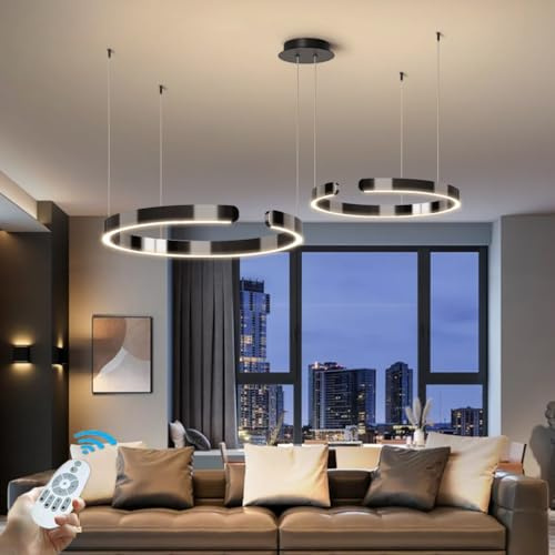 CNMKLM LED Hängeleuchte Dimmbar Moderne Ring Esszimmer-Pendelleuchte Kreatives C Design Hängelampe Höhenverstellbar Pendellampe Für Esstisch,Wohnzimmer,Schlafzimmer(Schwarz,2 rings/60+40CM/65W)