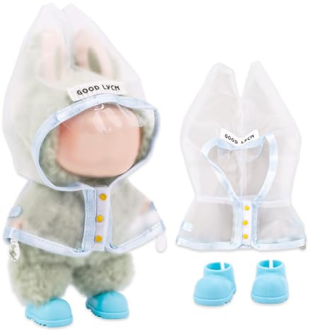 Puppen-Regenmantel und Regenstiefel Set, Mini Transparente Regenjacke mit Blauen Stiefeln Süßes Regen-Outfit für 10-17cm Sammelpuppen Kleidung Zubehör (Keine Puppe)