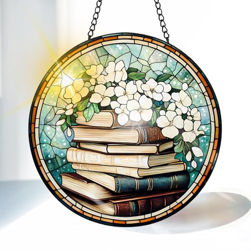 VAIIEYO Sonnenfänger Bücher, Blume Sonnenfänger Fenster mit Kette und Haken, Hängende Dekoration für Garten, Balkon, Wohnzimmer und Schlafzimmer, Kreative Geschenkidee, 20x20cm