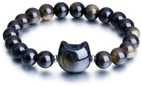 MR BAEQ Bracelet Chat en Obsidienne Noire Naturelle Perles 8mm Bijou Porte Bonheur Cadeau Chance Protection Prospérité pour Femme Homme