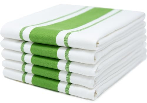 100% Cotton Tea Towel - Green Stripe Pattern, Pack of 5 | Kitchen Towel Set | Absorbent, Strong, Quick Dry & Machine Washable | for Home Decor & Bathroom Accessories