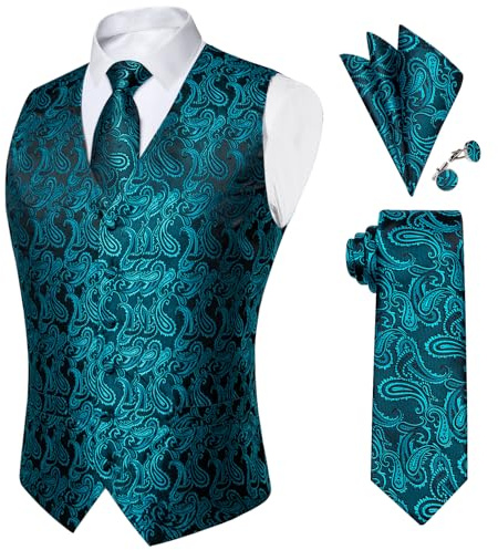 DiBanGu Suit Vest for Men, 5 PCS Wedding Paisley Vest Tie and Bow Tie Pocket Square Cufflinks S-3XL