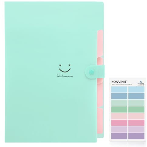 KONVINIT Fächermappe a4,Dokumentenmappe erweiterbar Ordnungsmappe mit 5 Tasche Große Kapazität Aktenordner mit Druckknopf,Datei Organizer,Mappen Ordnersystem,grün