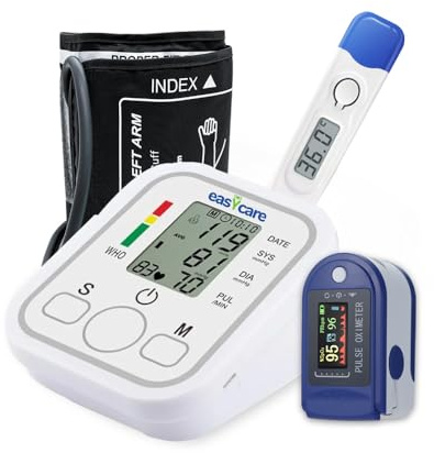 Blood Pressure Monitor Home Health Kit by Easycare – Includes Pulse Oximeter Digital Thermometer – Batteries Easy Self-Test for Seniors, Carers & Families – Batteries Included, 12 Months UK Support