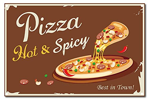 CREATCABIN Métal Tin Signe Pizza Chaud Épicé Rétro Vintage Drôle Décoration Murale Art Mural Suspendu Peinture de Fer pour la Maison Jardin Bar Pub Cuisine Salon Bureau Garage 8 x 12 Pouce
