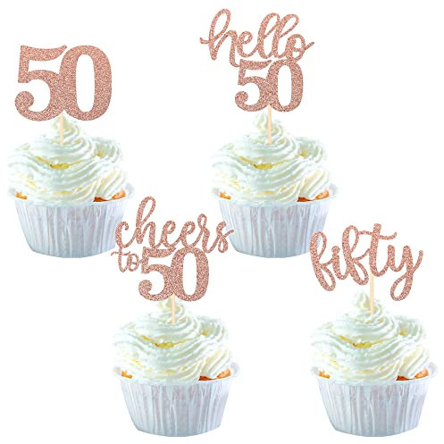 SYKYCTCY 36Pack 50th Birthday Cupcake Toppers Glitter Cheers to 50 Cake Toppers Hello 50 Fifty Cupcake Picks Decorations for 50th Birthday Anniversary Party Supplies Rose Gold