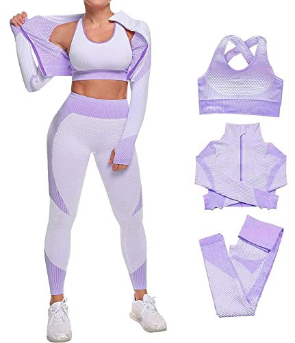 Veriliss Damen 3teiliger Gym Trainingsanzug Nahtlose Laufbekleidung Fitness Kleidung Jogginganzug Reißverschluss Kapuzen Fitness Jogging Tennis Laufen (Lila,M)