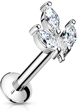 Paula & Fritz® Push-In Labret Piercing Blatt Silber Zirkonia Klar Chirurgenstahl 316L Set 6-mm Stab-Länge Madonna Medusa Ohr-Stecker Labret Stud Helix