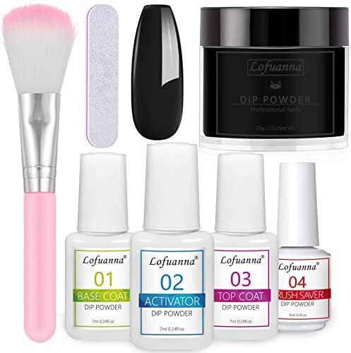 Lofuanna Dip Powder Nail Kit Starter-Black Nail Dipping Powder with Base&Top Coat&Activator&Brush Saver,No UV/LED Needed,DIY French Nail Art Manicure,Easy to Apply for Home or Salon Use