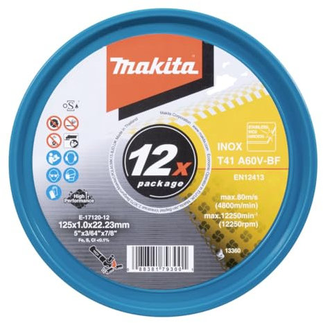 Makita E-17120-12 Trennscheiben INOX 125 x 1,0 mm, 12 Stück in Kunststoffdose, für Stahl, Edelstahl, extra dünn, A60V-BF, EN12413