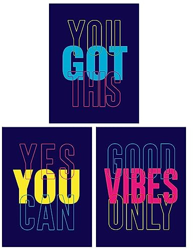Wee Blue Coo Pack of 3 A4 Good Vibes You Got This Yes You Can Colourful Neon Typography Motivational Unframed Wall Art Living Room Prints Set