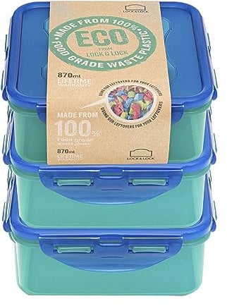 LocknLock Eco Square Food Containers with Lids Set of 3 - Plastic Airtight & Watertight Food Storage Containers, BPA Free & Dishwasher Safe, 3 x 870ml