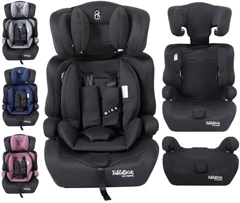FableKids Kinderautositz 9-36 kg | 3-Punkt-Sicherheitsgurt | Autokindersitz ab 15 M. | Autositz für Kinder 76-150 cm | Kindersitz einstellbare Kopfstütze ECE R129/03 | Verstellbar | Schwarz