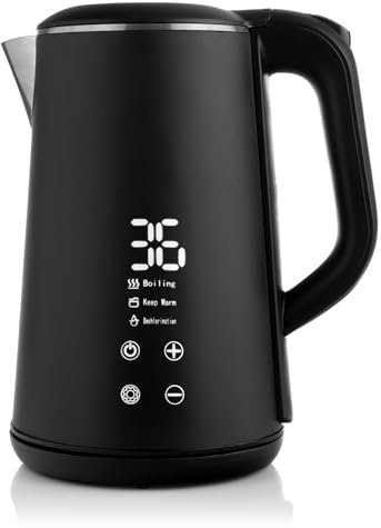 Lehmann LHOEK-1516 Elektrischer Wasserkocher aus Edelstahl, 1500 W, 1,6 Liter, Wasserkocher mit Temperaturanzeige, Schnelles Aufheizen, Warmhaltefunktion, 360° Basis, Wasserkocher Schwarz Matt