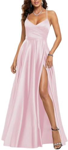 Robe de soirée formelle pour femme avec col en V et fente latérale en satin avec poche, rose bonbon, 48