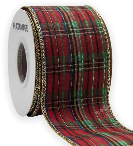 HATIANGE Cinta de cuadros con borde de alambre de Navidad, color rojo, verde, dorado, para corona de árbol de Navidad, envoltura de regalos, manualidades y decoraciones, 2.5 pulgadas x 11 yardas