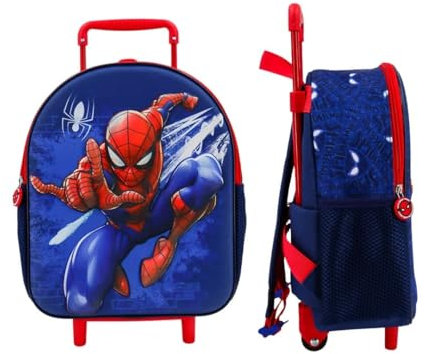 mybagstory Rucksack mit Rollen, 3D, Jungen, Spiderman, blau, für Kinder, Schule, Kindergarten, Kindergarten, Schulranzen, Jungen, verstellbare Träger, Geschenkidee, Rollen, 30,5 cm, Spiderman blau