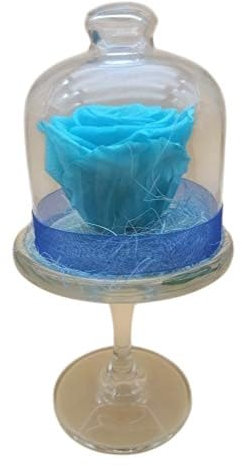 ROSA ETERNA AZUL. Cúpula de Cristal con Base. Rosa azul natural Preservada. FLOR PRESERVADA AZUL. Regalo original. Cumpleaños, aniversarios, decoracion. Hecho por artesanos floristas en España.