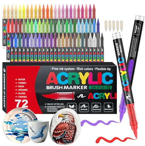 Gelanty Feutre Acrylique, 72 couleurs Acrylic Paint Marker avec embout pinceau flexible, liquide direct Acrylic Brush Marker pour la peinture sur roche, céramique, bois, verre