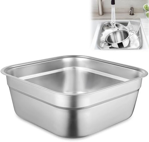 Large Stainless Steel Dish Tub for Sink, Deep Square Washing Bowl with Flat Bottom, Multipurpose Metal Basin for Kitchen Cleaning, Vegetable Rinsing, and Dishwashing