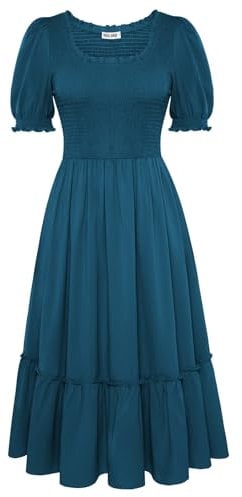 GRACE KARIN Summer Dresses for Women UK Elegant A Line Short Puff Sleeve Casual Evening Dresses Peacock Blue L