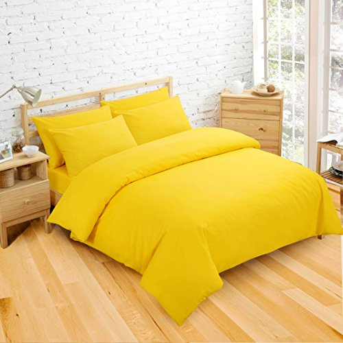NON IRON Luxury Easycare Plain Dyed King Duvet Cover & 2 Pillow Cases Bed Set (Yellow)