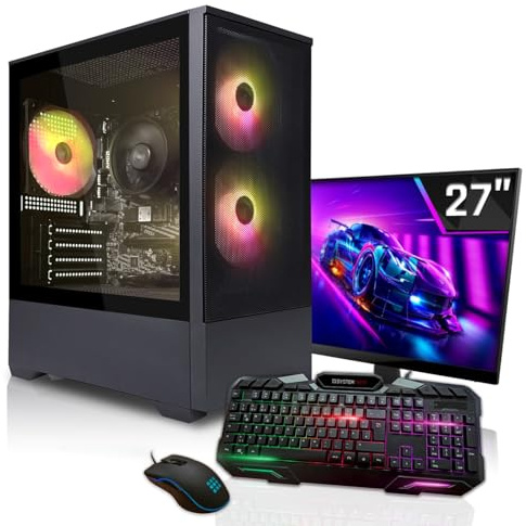 SYSTEMTREFF Gaming Komplett PC Set - AMD Ryzen 5 5500 - RX 9060 8GB GDDR6 | AMD 6-Kern CPU bis 4.2 GHz, 16GB DDR4, 500GB M.2 NVMe SSD, AMD Grafik, Windows 11, 27 Zoll TFT Display, für Gaming