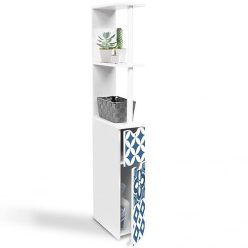 IDMarket - Meuble WC étagère bois WILLY 2 portes blanc et motif carreaux de ciment bleu