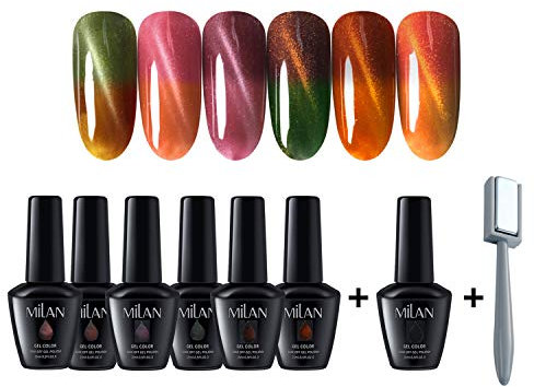 Vtrem Color Changing Nail Polish Kit 6 Colors Thermal Temperature Change Cat Eye Nail Art Manicure Kit 15ml with Free Magnet Sticks - Long Lasting Soak Off UV LED Gel