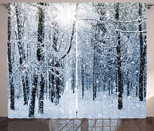 ABAKUHAUS Winter Rustikaler Gardine, Schnee bedeckte Wald, Schlafzimmer Kräuselband Vorhang mit Schlaufen und Haken, 280 x 245 cm, Blaugrau Weiß Schwarz