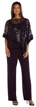R&M Richards Damen Formeller Poncho mit Paillettenverzierungen und Hose Business-Anzughosen-Set, Pflaume, 42
