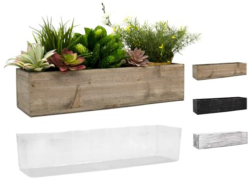 CYS EXCEL Fioriera in legno marrone (43,2 x 12,7 cm H: 10,2 cm) con fodera in plastica rimovibile, scatola decorativa rettangolare rustica per interni