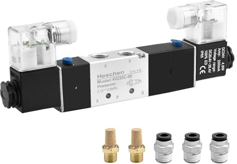 Heschen Electrical Pneumatic Solenoid Valve 4V230C-08 24VDC PT1/4 5 Way 3 Position Double Coil Pilot-Operated Electric Closed Type CE with Fittings and Muffler | directional airflow controller, closed center manifold block, including brass connections and silencers for