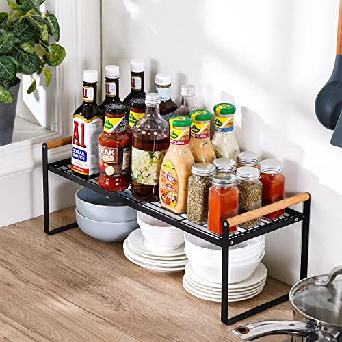 KES Küchenregal Arbeitsplatte Gewürzregal Schwarz Stehend Gewürzregale Metall freistehend mit Rutschfester Basis Gewürz Organizer Küchenschrank Regal Gewürzständer 53 CM Küchenablage, KSR511S53-BK