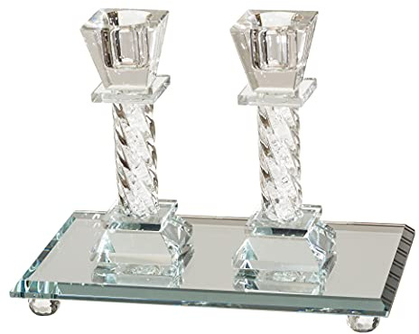 MASORET Modernes Kristall-Kerzenständer-Set: 2 elegante passende Paar 12,9 cm hohe Kerzenhalter aus fein geschliffenem Glas plus 17,5 x 10,2 cm verspiegelter Tablettständer