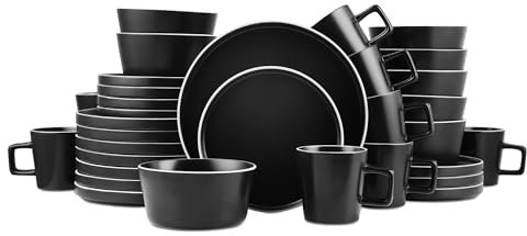 Stone lain Allison Service de table en céramique 32 pièces pour 8 personnes Noir mat Bord blanc