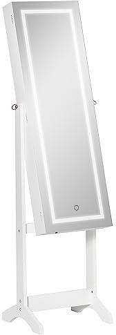 HOMCOM Armoire à bijoux LED avec miroir sur pied range bijoux avec éclairage à écran tactile blanc