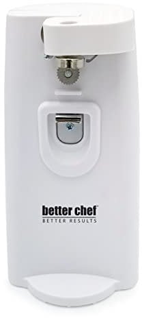 Better Chef Electric Tall Can Opener | 3-in-1 | Built in Knife Sharpener & Bottle Opener | Cord Storage | Auto-Stop (White)