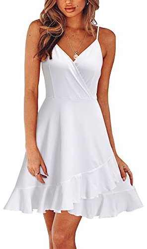 ULTRANICE Robe d'été pour Femme Col V Robe de Plage Bretelles Spaghetti réglables Robe décontractée(Blanc,M)