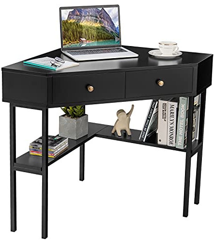 COSTWAY Corner Computer Desk, Triangle PC Laptop Table with 2 Drawer and Storage Shelves, Space Saving Metal Frame Wooden Study Desk Writing Workstation for Home Office Bedroom (Black)