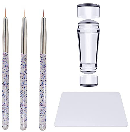 XIXKOLYU® 1 Transparenter Nagelstempel mit 3 PCS Nail Art Liner Pinsel Schaber Doppelkopf Clear Nail Stamper Design Pinsel Jelly Nail Stamper Französische Kunst Nägel
