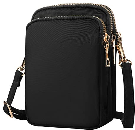 Lollanda Women Crossbody Phone Bags, Nylon Ladies Mobile Phone Bags with Adjustable Shoulder Strap, Mini 3 Layers Zipper Purse Wallet for Women and Ladies (Black)