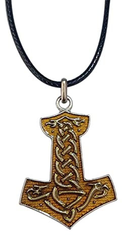 Thor Hammer Anhänger VIKINGS mit Halskette. Versilbertes Metall bernstein emailliert. Keltisches Wikinger Mjöllnir Amulett Stärke und Schutz. Fantasy, Cosplay Fan Geschenke. Handgefertigtes 4,5 cm