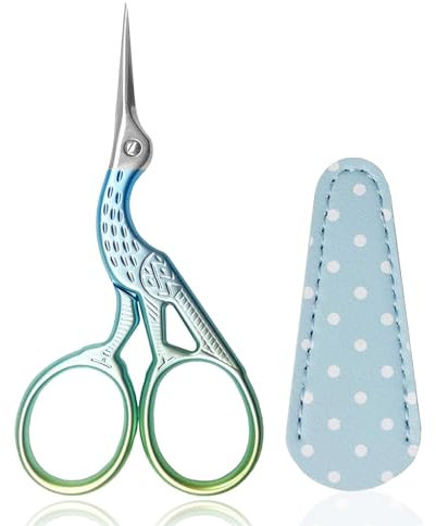 Stickschere, Edelstahl Storch Fadenschere Kleine Handwerksschere zum Nähen von Kreuzstich Nadelarbeit Faden mit PU Schere Abdeckung mit Blau