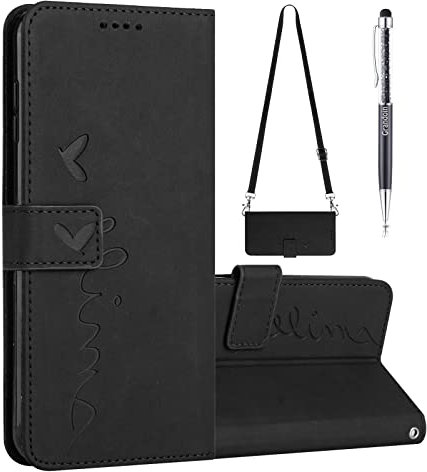 Grandoin Kompatibel mit Samsung Galaxy S23 Hülle mit Kette, Handyhülle Samsung S23 mit Band, Leder Schutzhülle Klapphülle Stoßfest Magnet Mädchen Handy Hülle mit Kette Umhängen Samsung S23(Schwarz)