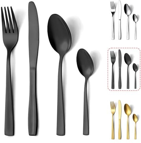 Black Cutlery Sets, Hunnycook 32 Pieces Black Cutlery Sets, Stainless Steel Cutlery Set for 8, Flatware Set with Knife and Forks Set, Spoons and Teaspoons, Mirror Polished and Dishwasher Safe